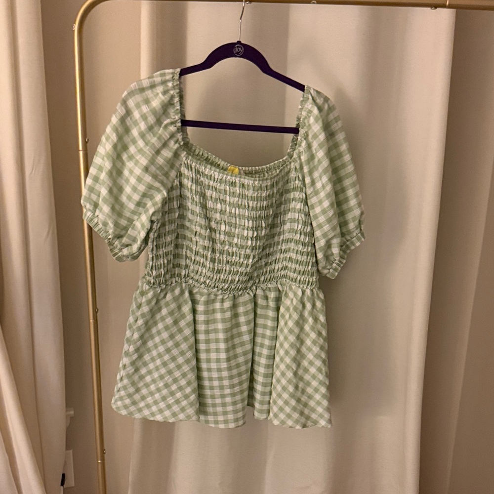 Simply Be Light Green Gingham Smocked Peplum Blouse